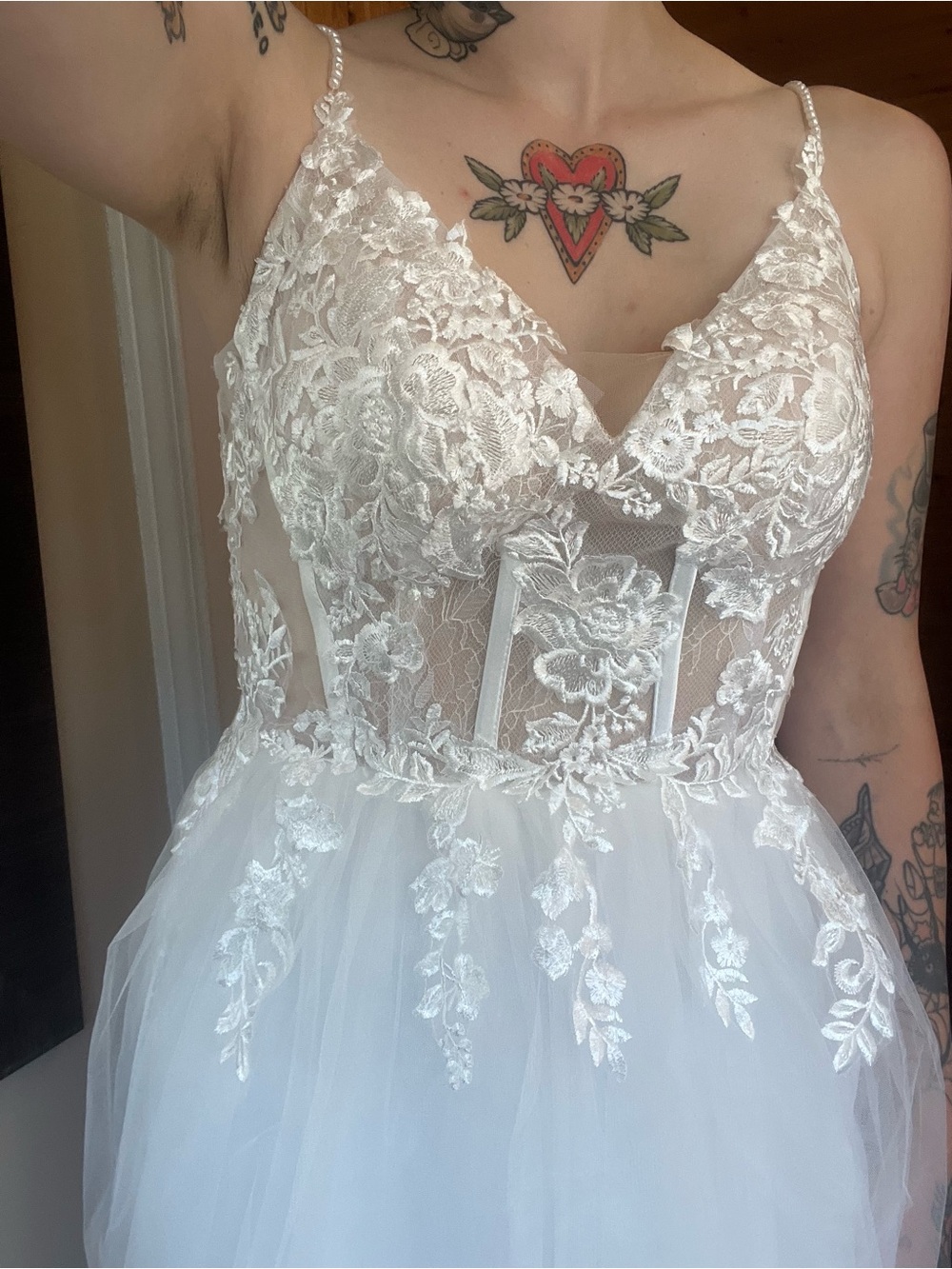 Lace Appliqué A-Line Dress in White